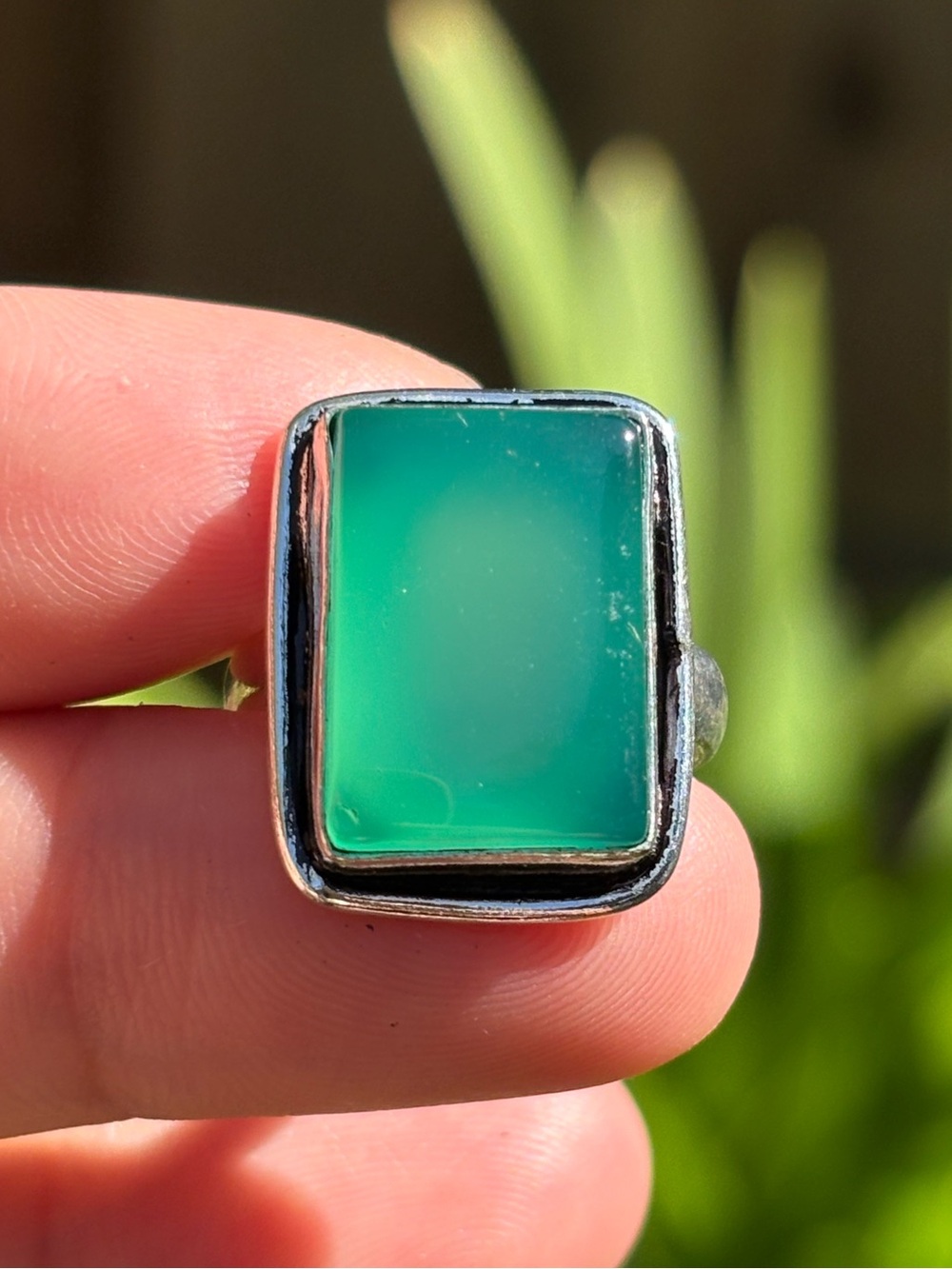 SIZE 6.5 Rectangular Green Onyx Stone Silver Plated Ring ZZRG00045